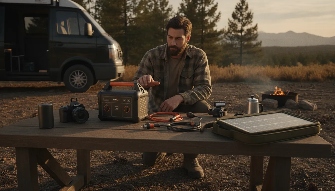 Portable Power Source choices arranged for a road trip and campsite