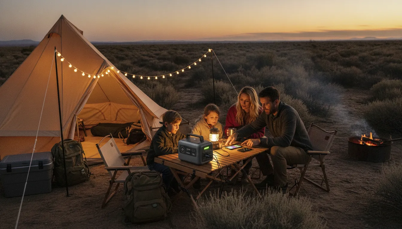 Portable Power Station supporting a camping setup with outdoor gear