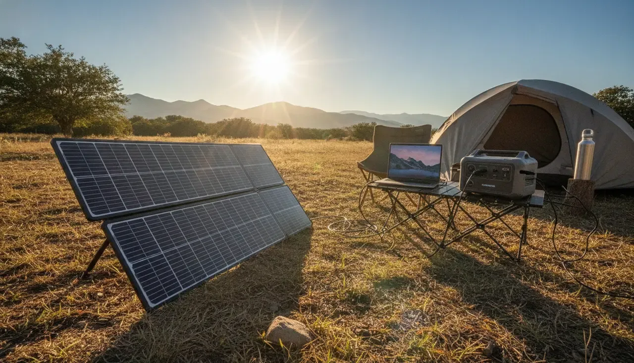 Portable solar panels angled toward sunlight beside a power station and laptop