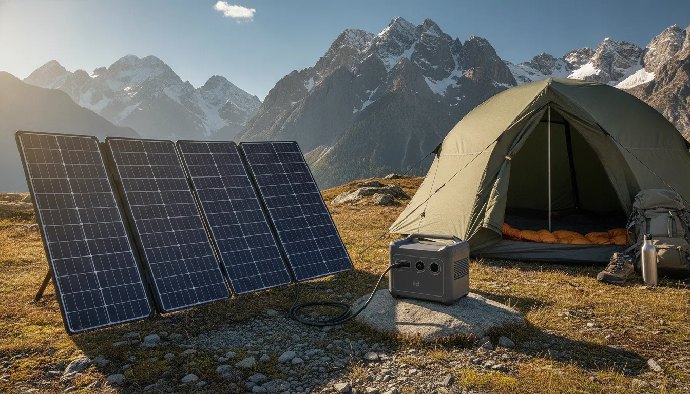 Portable Power Station connected to a solar panel at camp