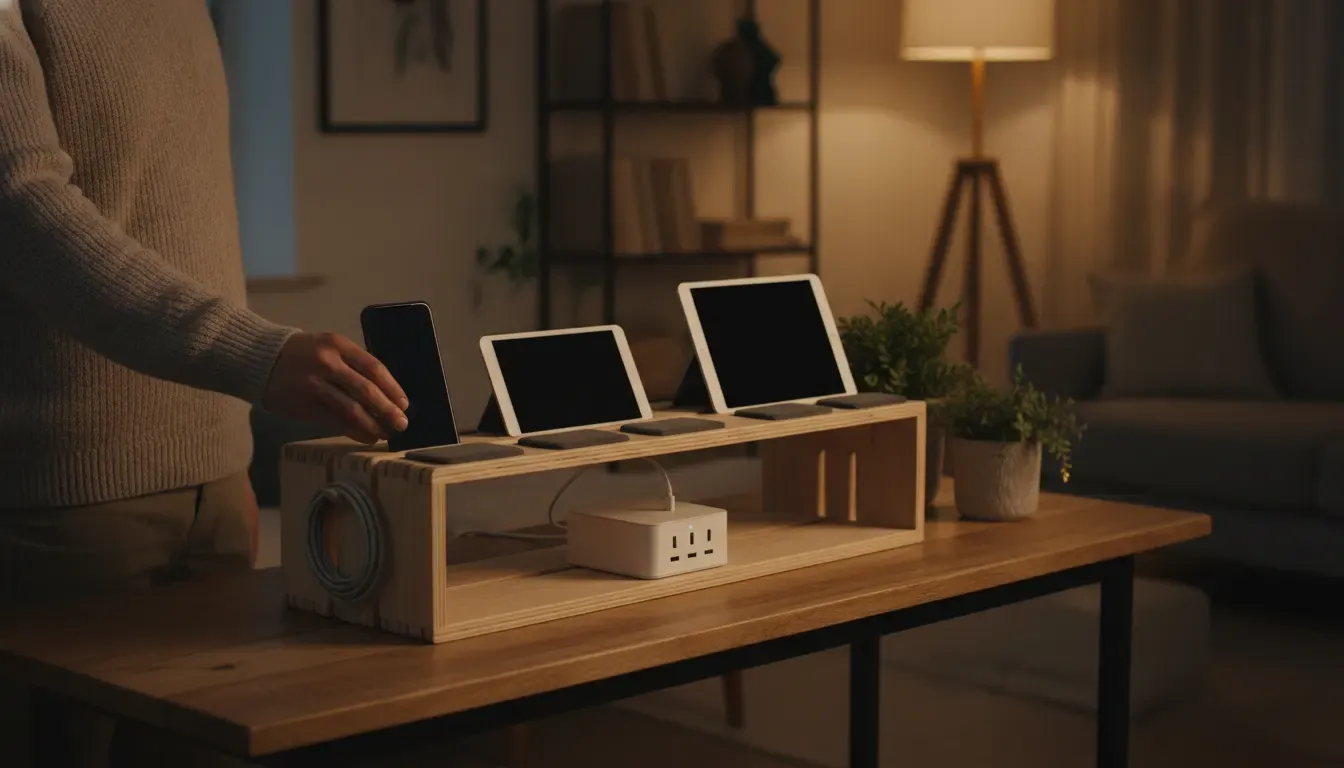 Ventilated DIY family charging station on a hard surface with devices in separate bays