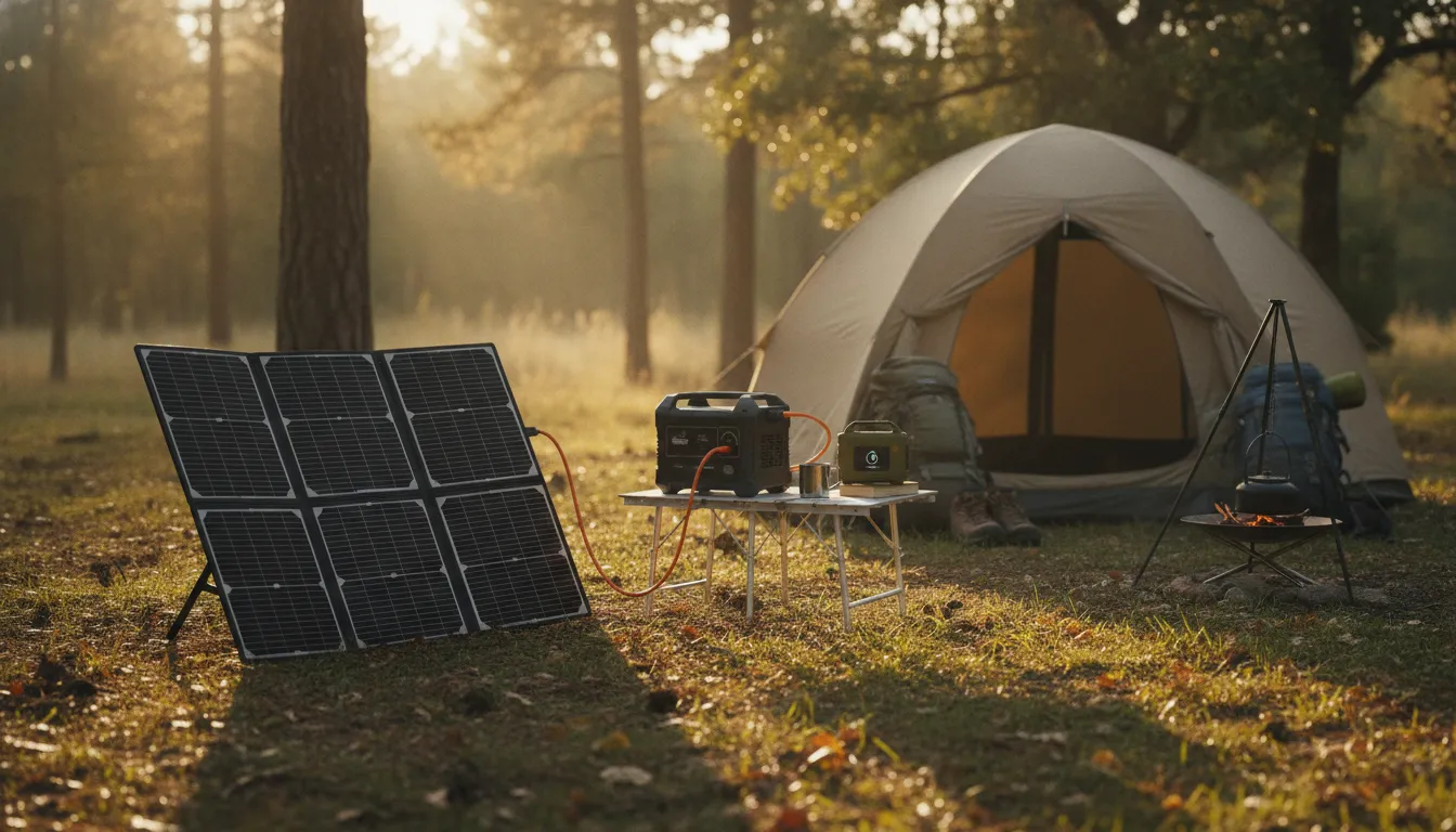 Foldable solar panel recharging a portable power station beside a tent at a forest campsite