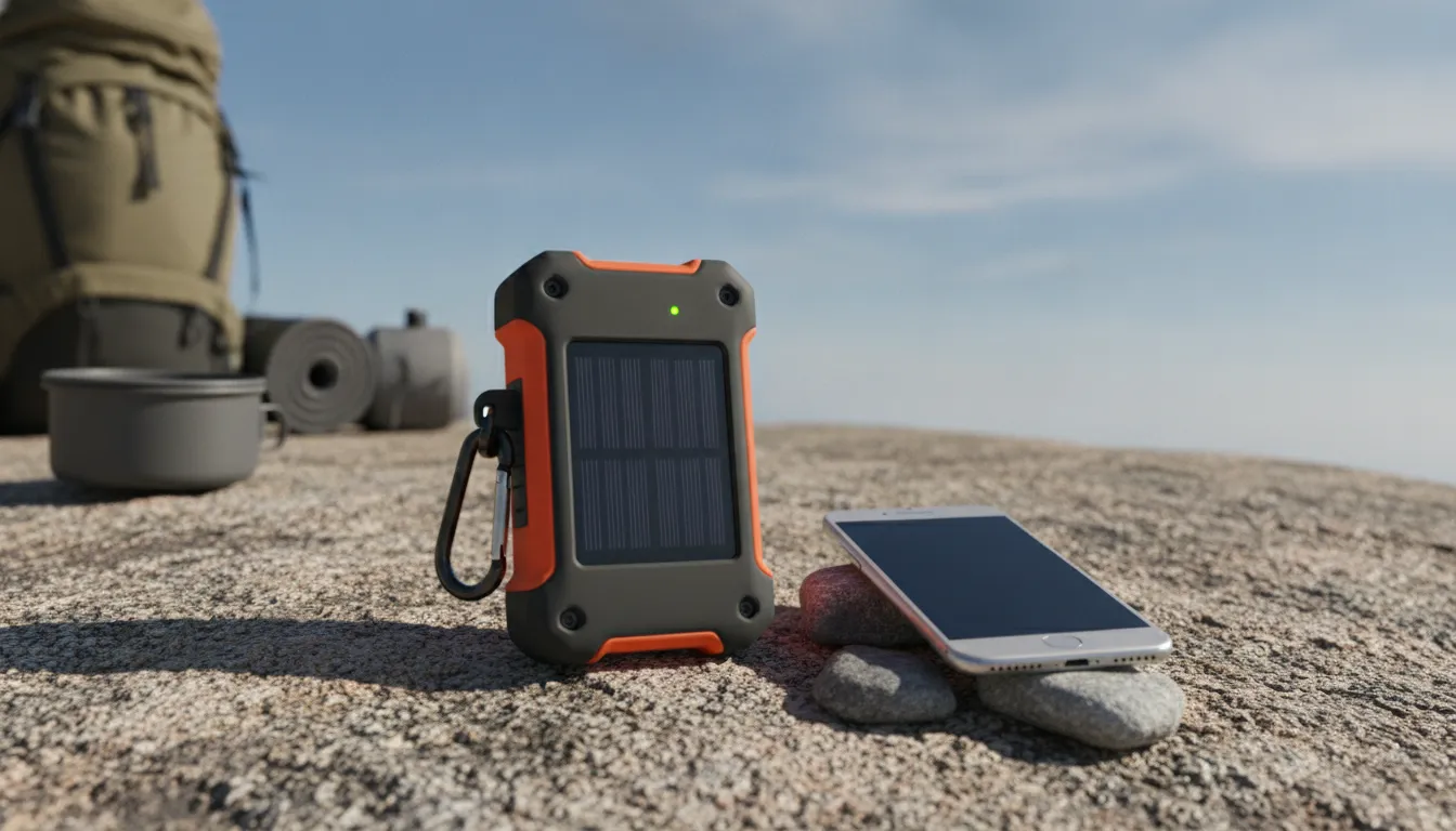 Portable solar power bank charging a smartphone at a campsite