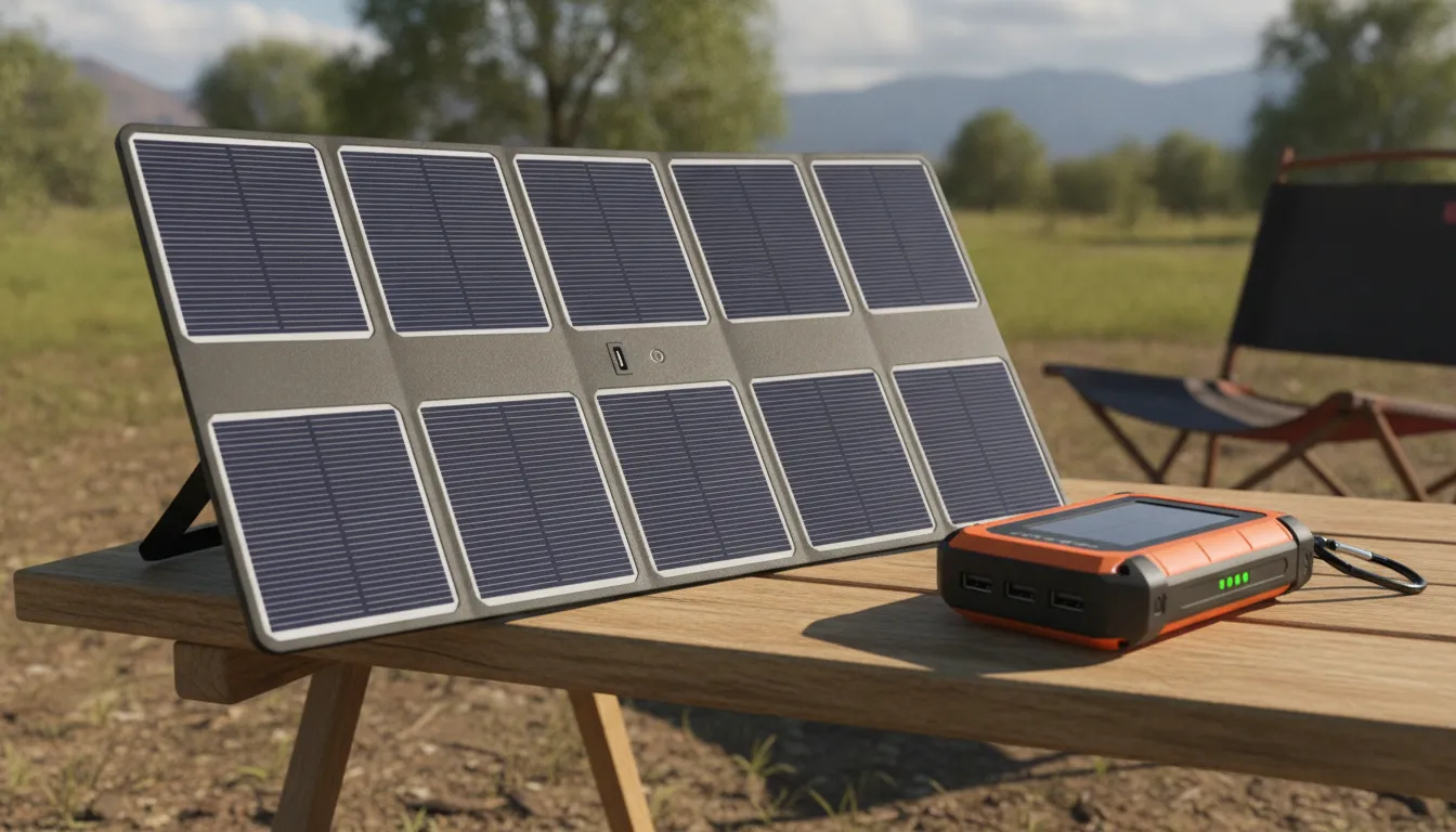 Portable solar power bank beside a foldable solar phone charger
