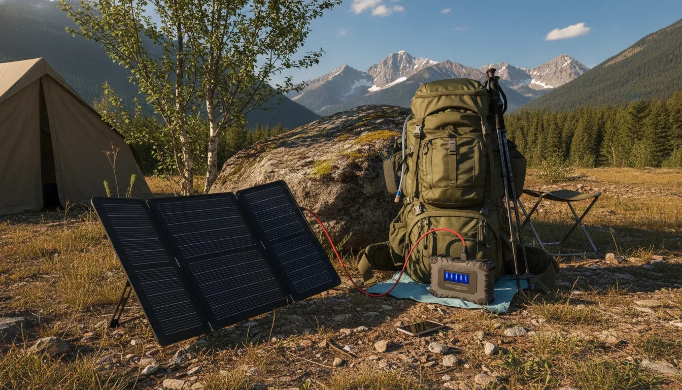 Solar phone charger panel powering a battery at a campsite