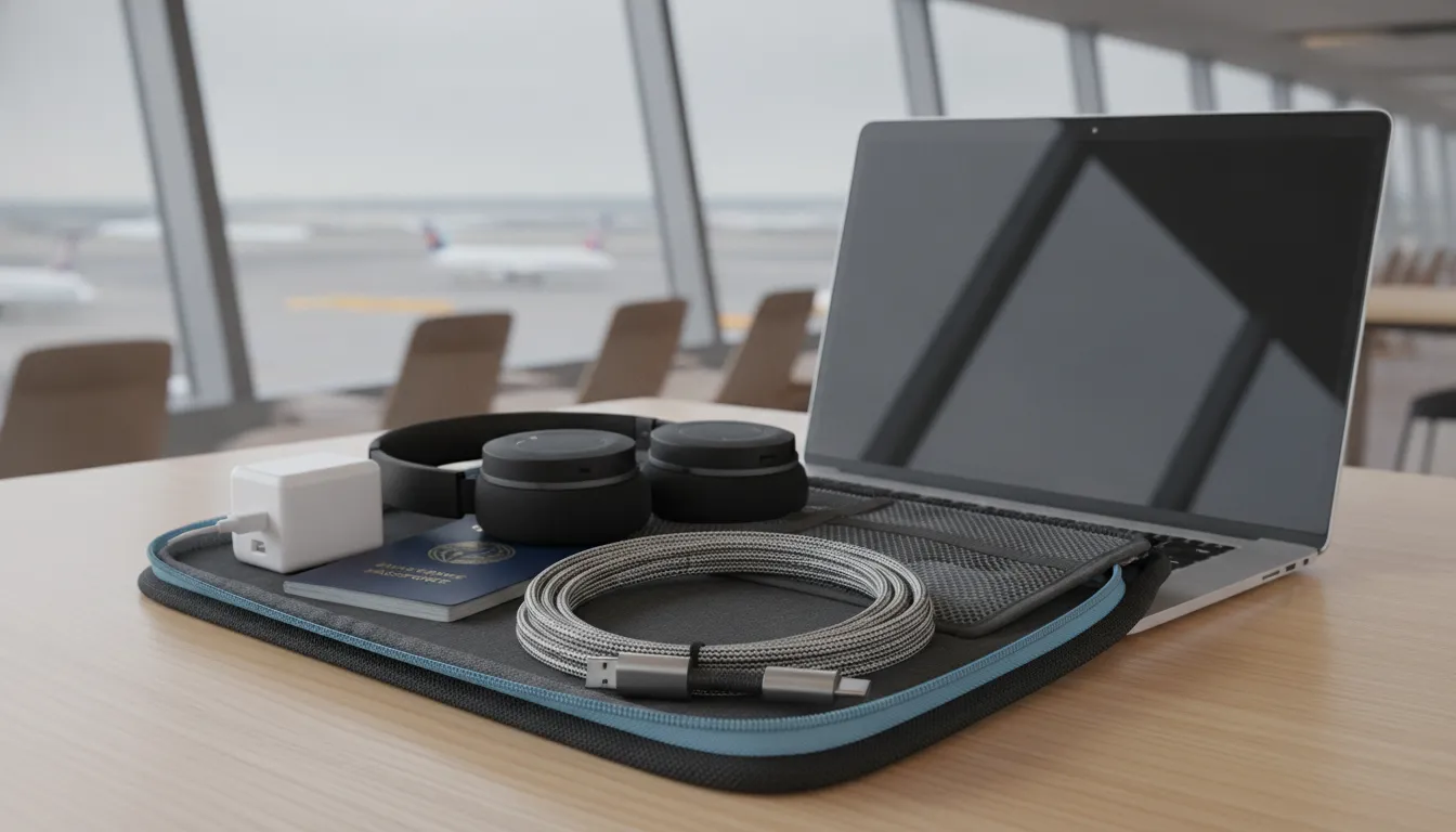 Fixed-tip USB-C travel cable organized beside a charger, laptop, and passport