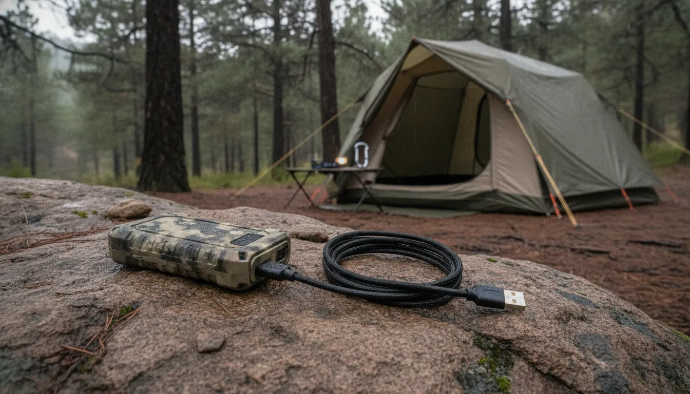 Weather-resistant portable charger packed for an outdoor camping trip