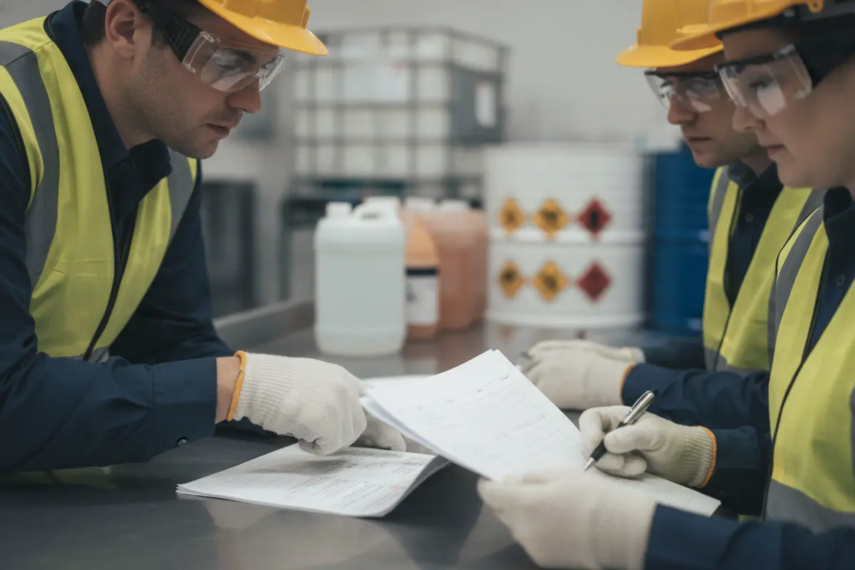 A safety trainer helps employees review a safety data sheet at an industrial workbench