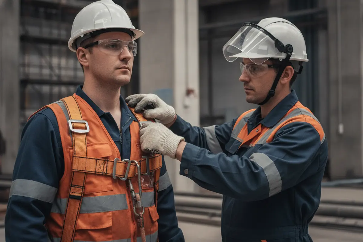 A supervisor checks the fit and connections of a worker's full-body harness