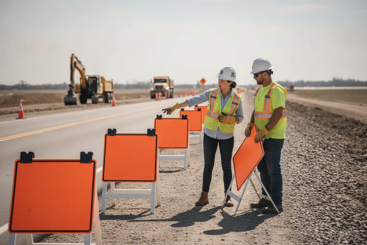 A work-zone team checks temporary signs before a roadway work phase