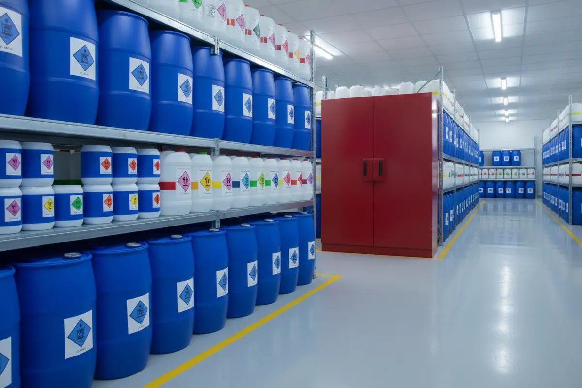 Chemical storage cabinet in an organized industrial storage area
