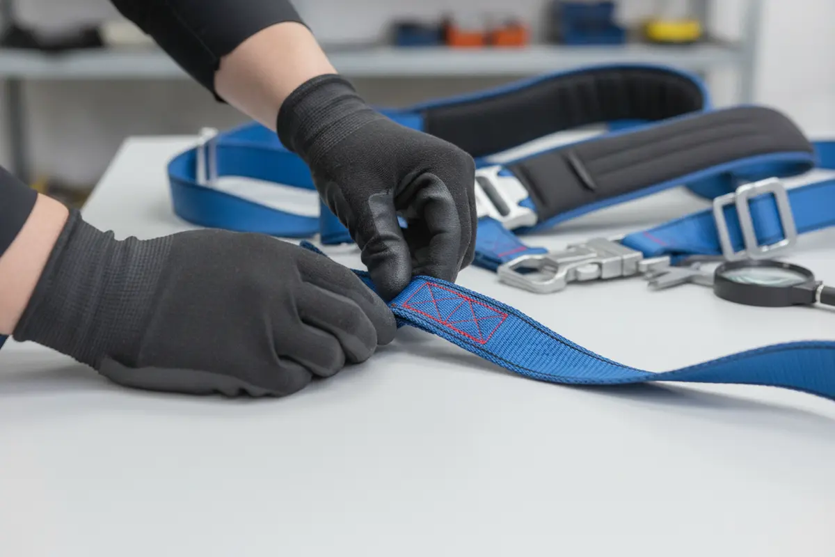 Close inspection of safety harness webbing and stitching