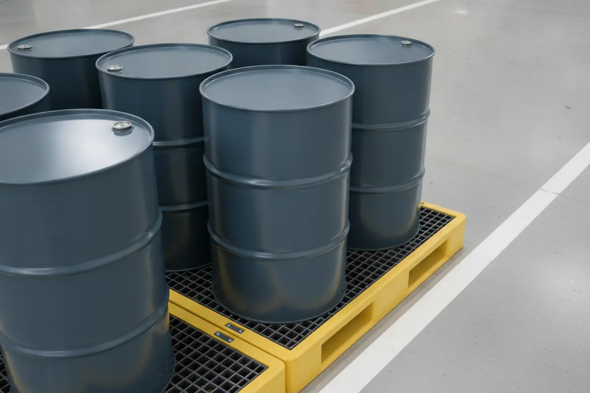 Drums arranged on a spill containment pallet with the surrounding aisle kept clear