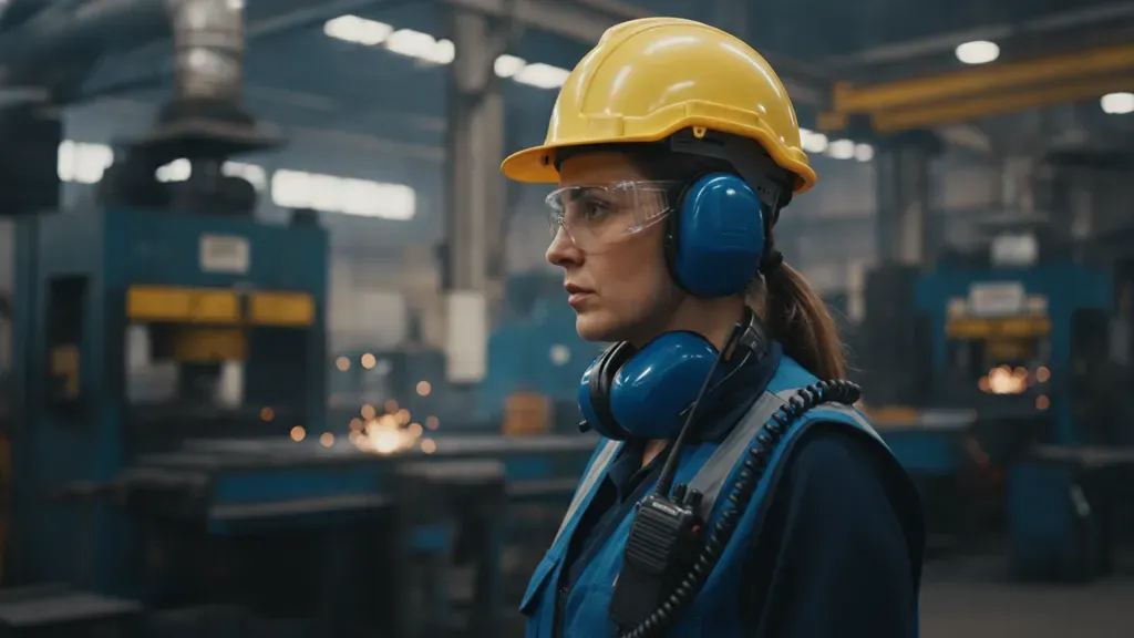 Industrial worker wearing communication earmuffs with a hard hat and safety glasses
