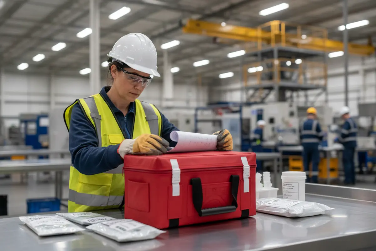 EHS coordinator checking trauma kit supplies against a workplace readiness checklist