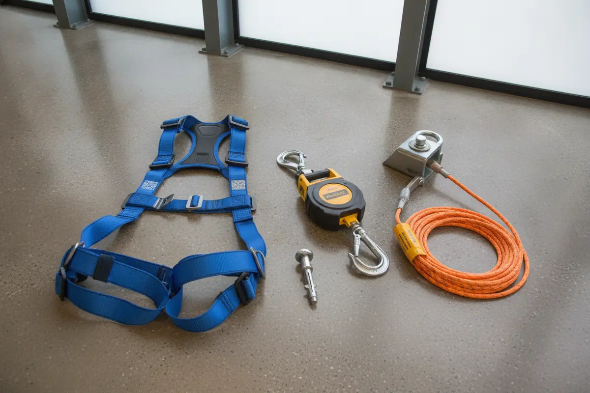 Fall protection equipment components arranged for a workplace compatibility review
