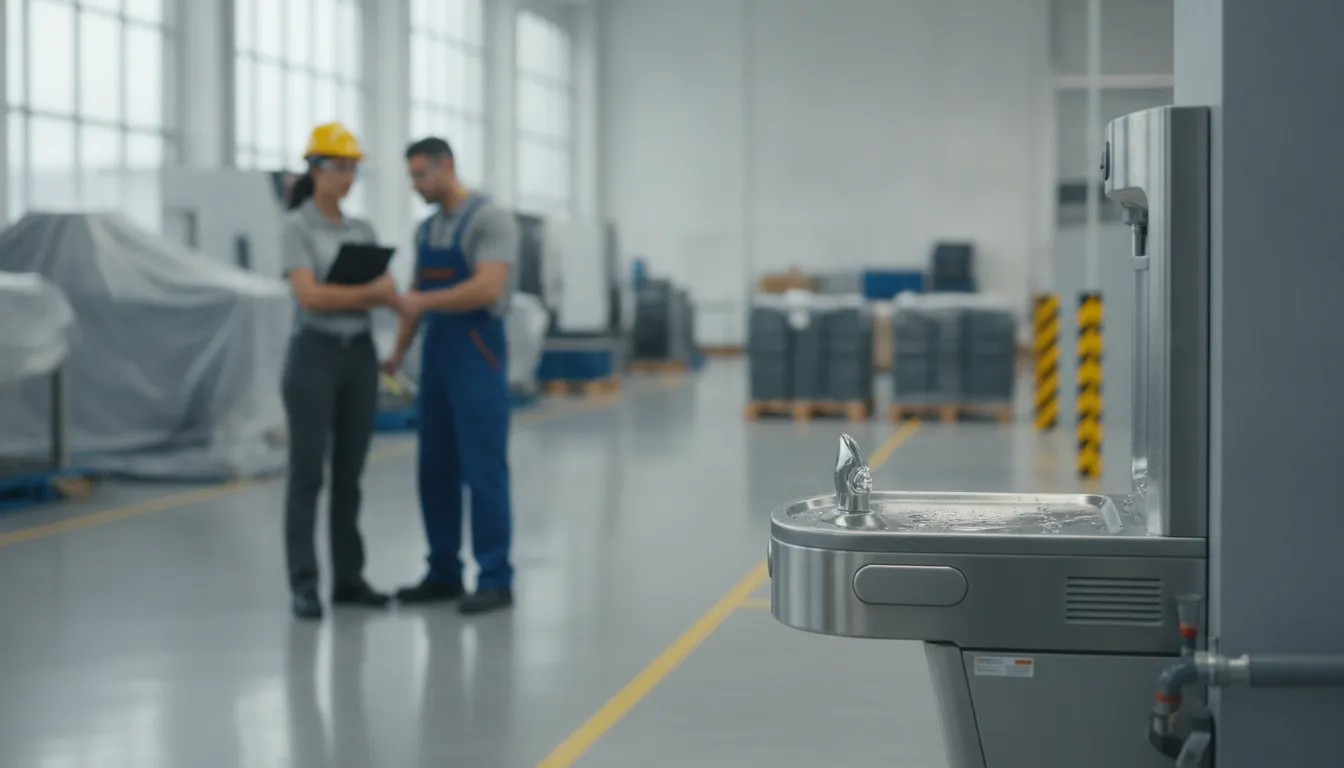 Commercial drinking fountain and bottle-filler station in an industrial workplace