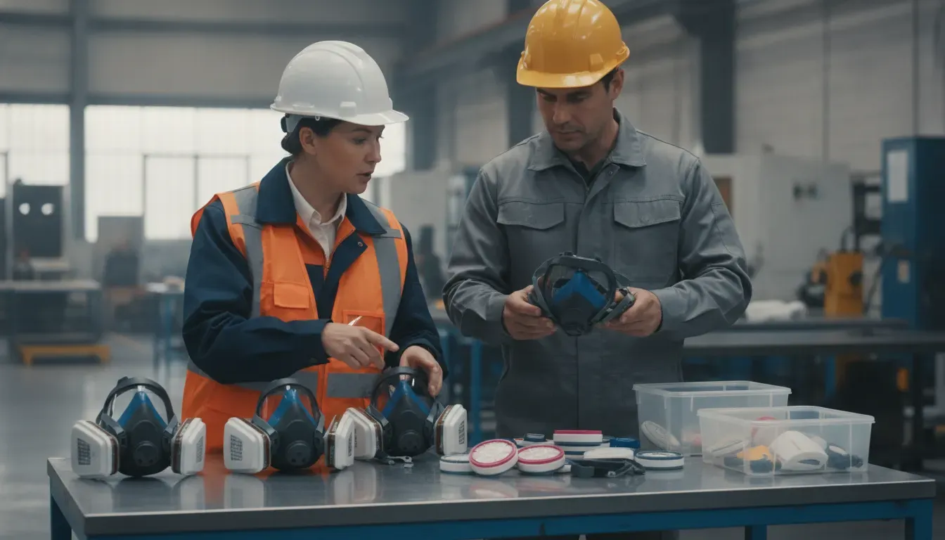EHS professional comparing respirator mask types and filter cartridges with a construction worker