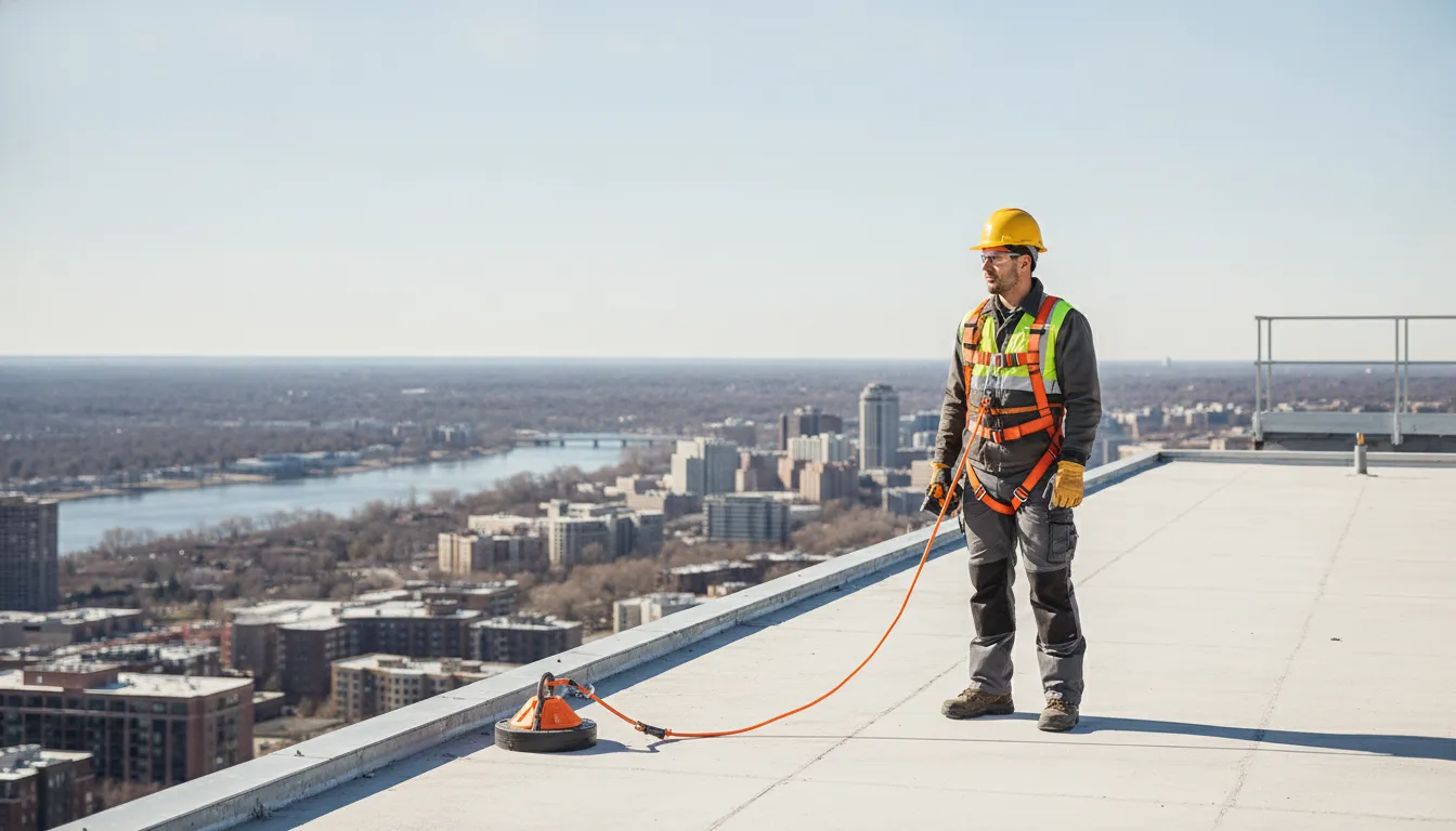 Construction worker on a rooftop edge secured by a personal fall arrest system attached to an anchorage point