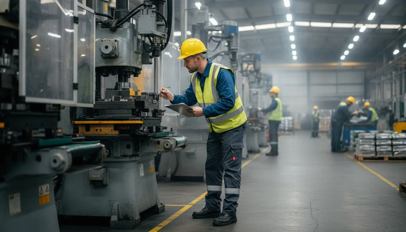 Safety manager conducting a PPE hazard assessment on an industrial manufacturing floor