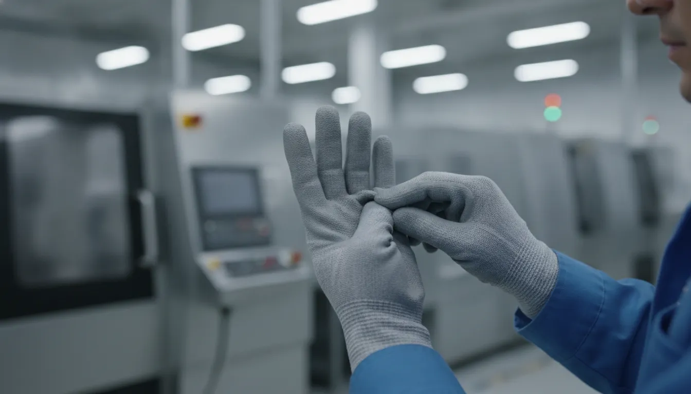 Worker inspecting the fingertips and seams of a cut glove