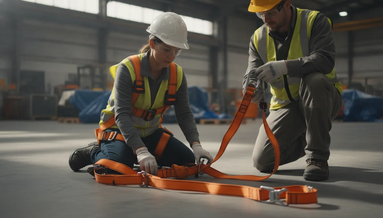 Safety manager inspecting a full-body fall protection harness and lanyard before use