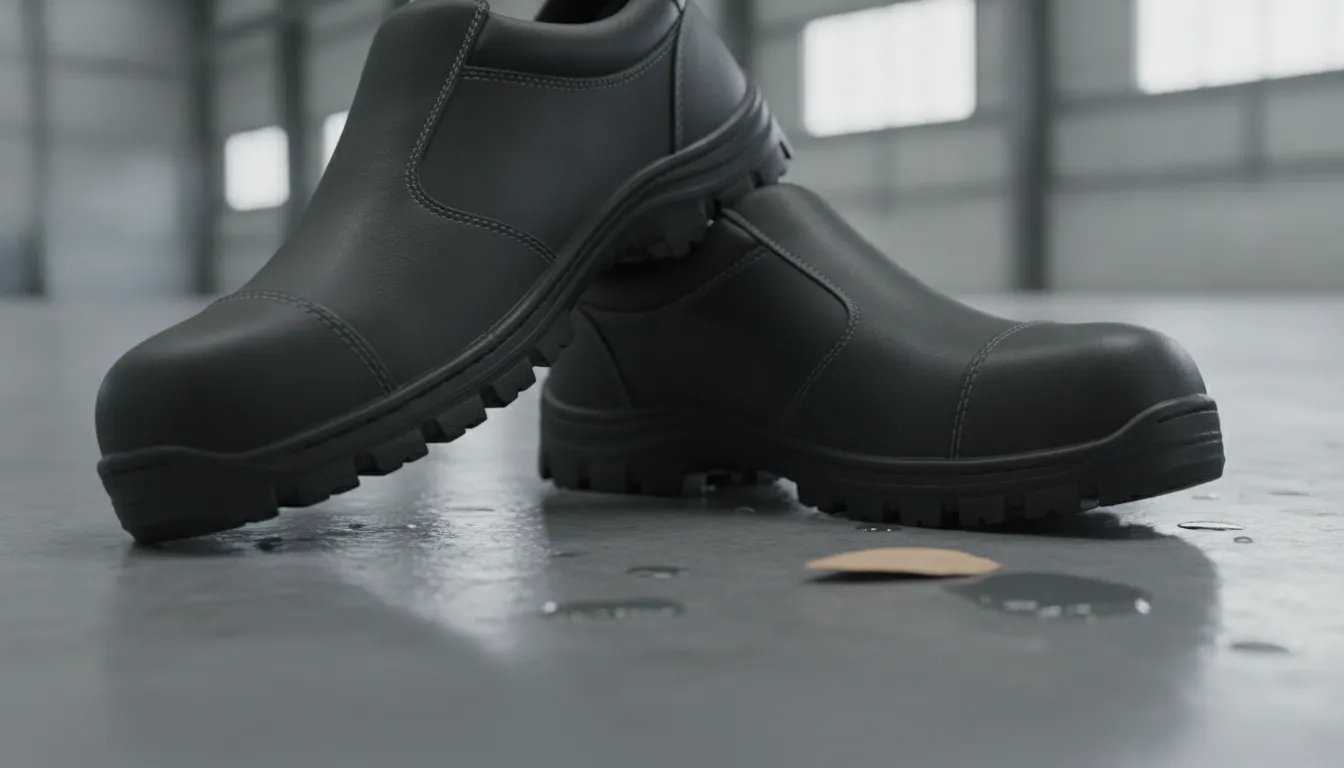 Safety shoes with slip-resistant soles on a wet industrial floor