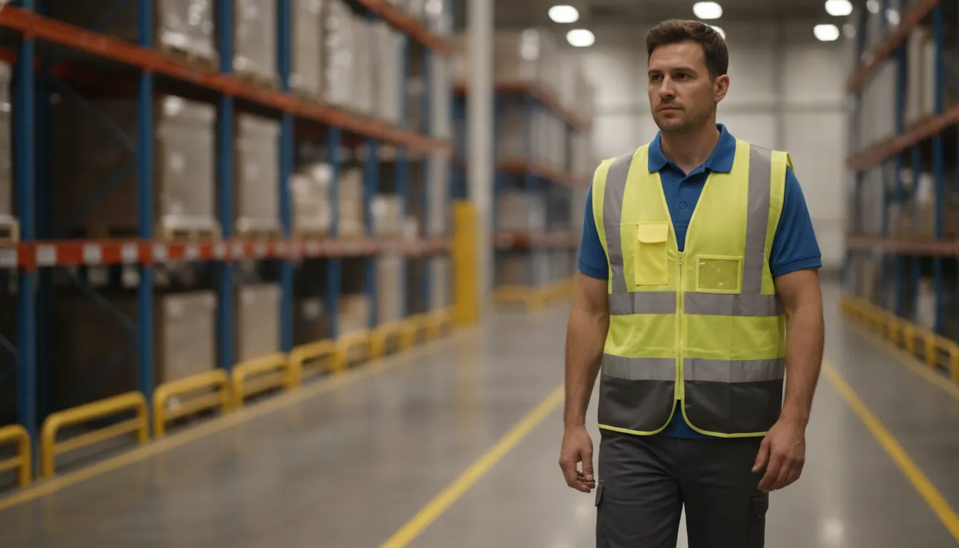 Warehouse worker wearing a high-visibility safety vest over work clothing