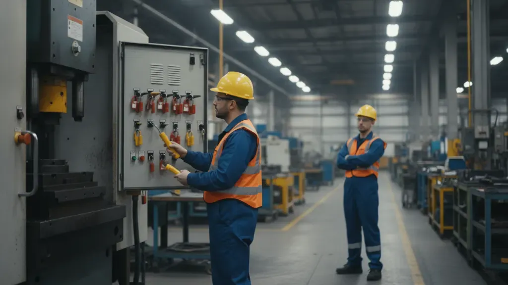 Authorized employee verifying zero energy during a lockout tagout procedure