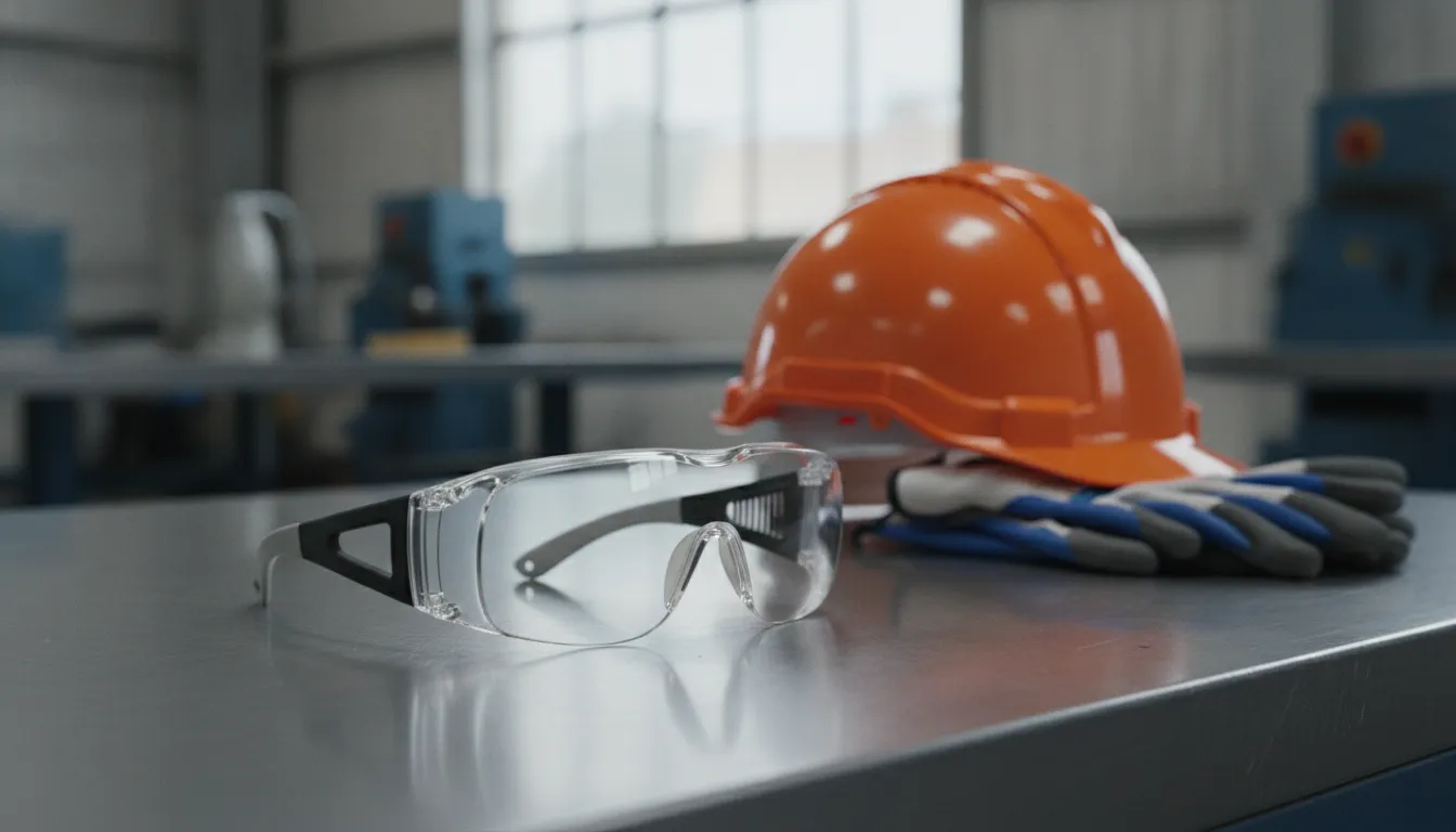 Prescription safety glasses with side coverage on an industrial workbench