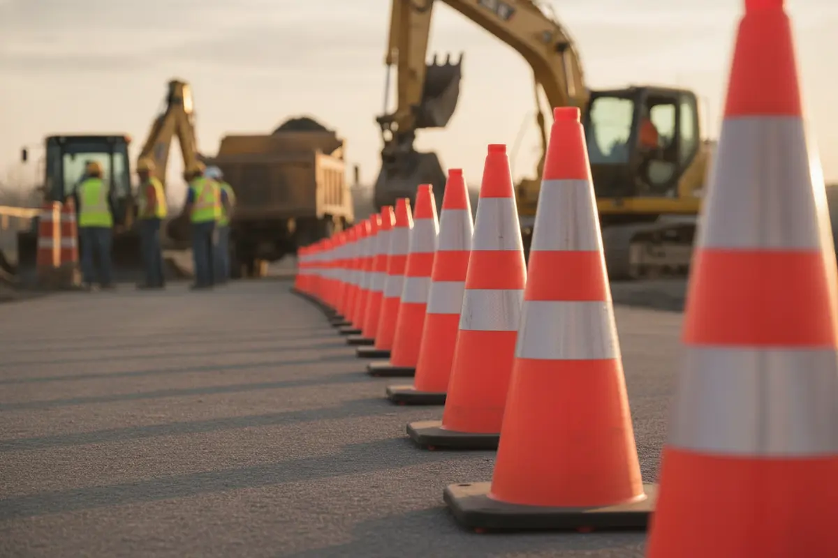 Road cones with reflective bands marking an industrial work zone