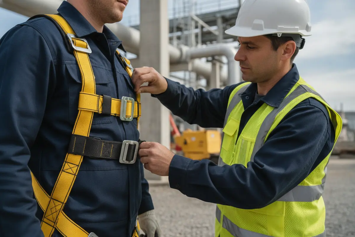 Safety professional checks harness straps and buckles before work