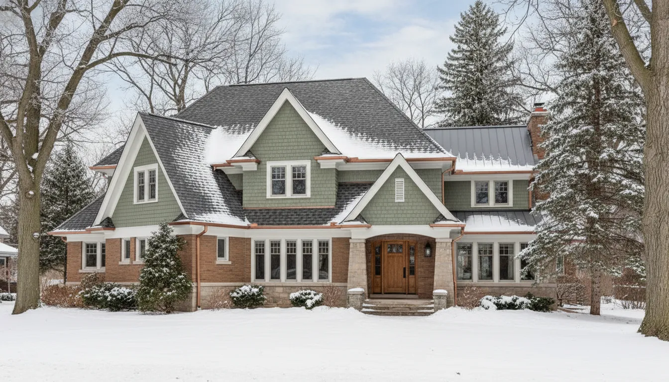 Wisconsin home with asphalt and metal roofing after a light snowfall