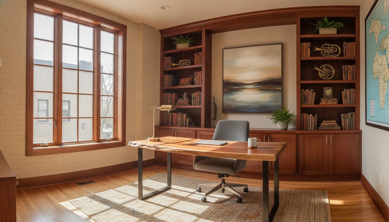 Renovated home office with built-in shelving and natural light