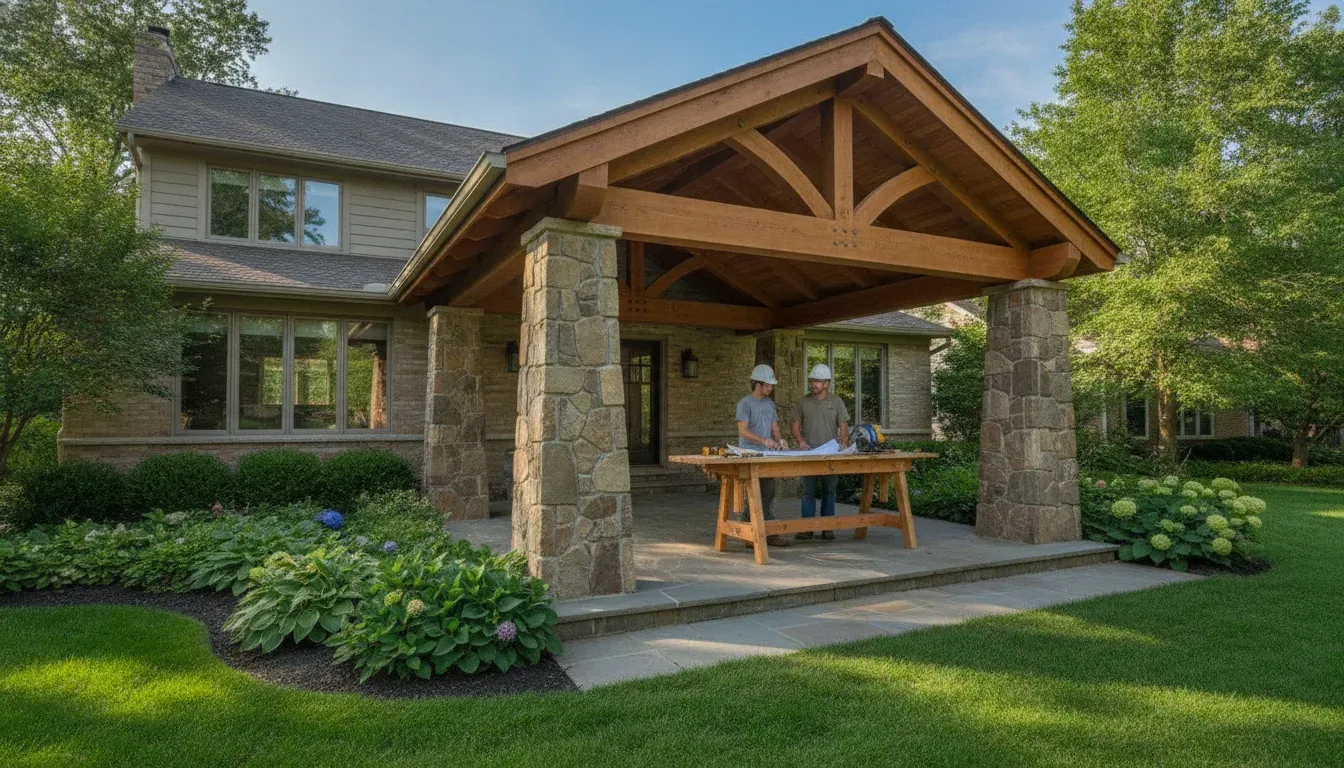 Covered porch addition with timber roof and stone columns on a Milwaukee-area home