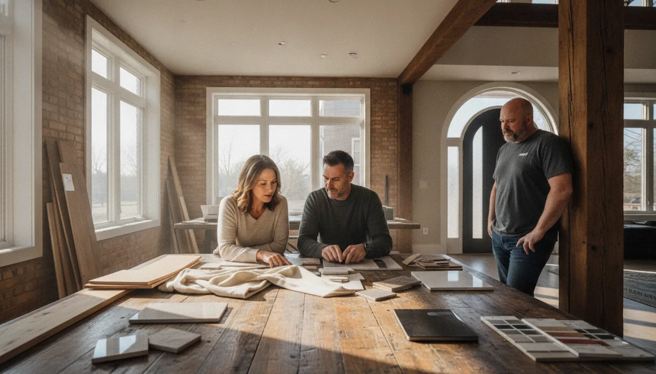 Homeowner and remodeling team discussing a design-build project
