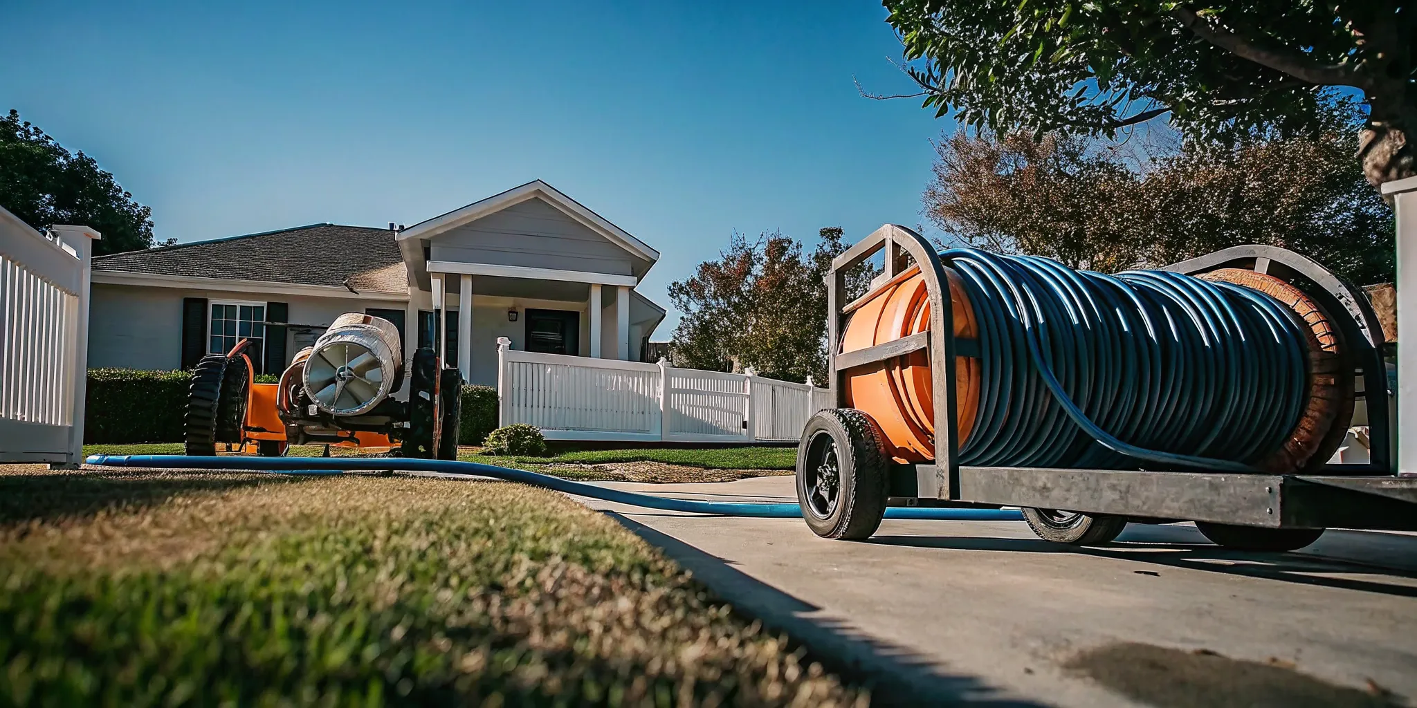 Technician using professional rooter equipment during a drain clearing process