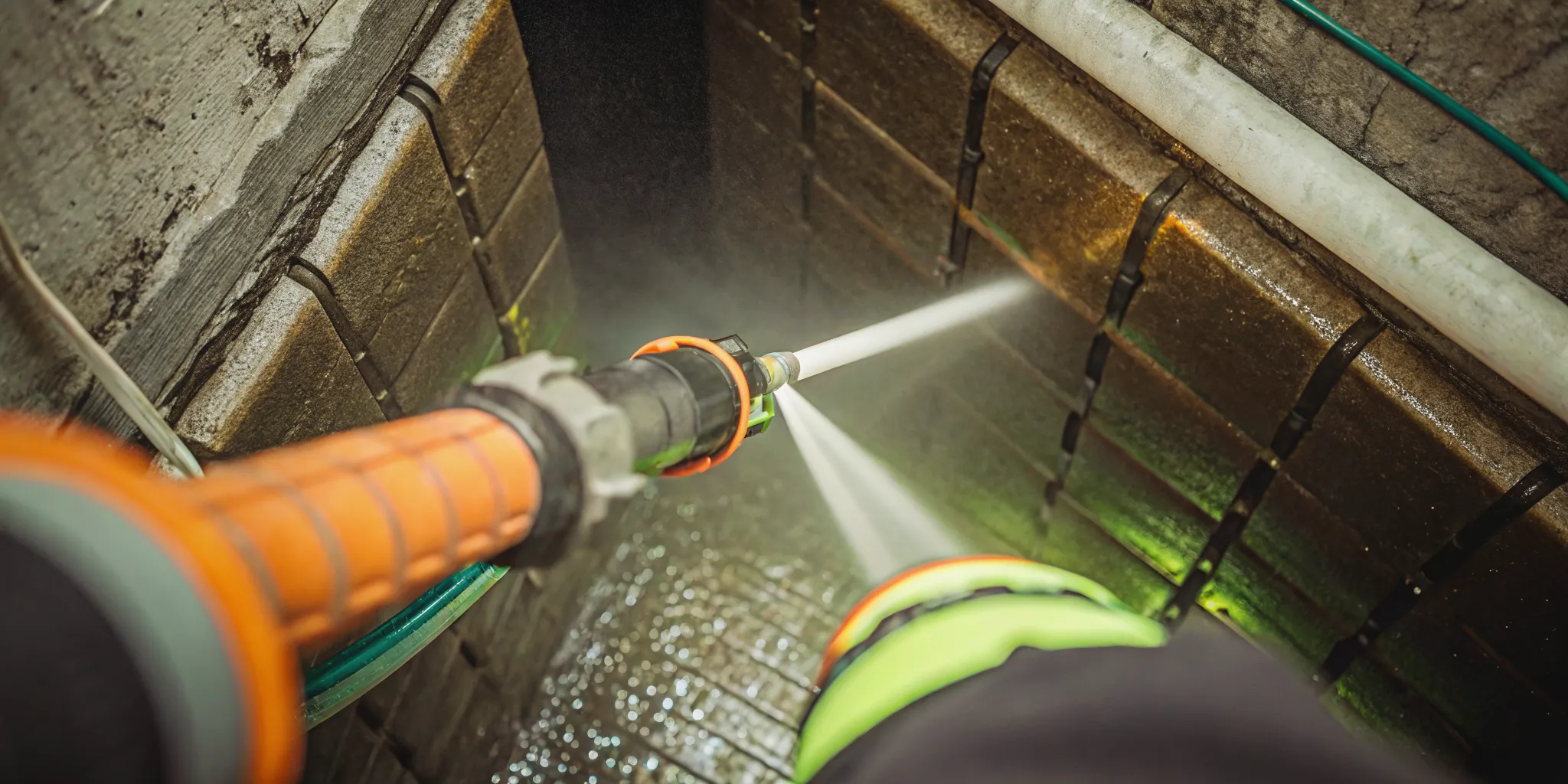 Professional hydro jetting nozzle clearing debris inside a sewer pipe