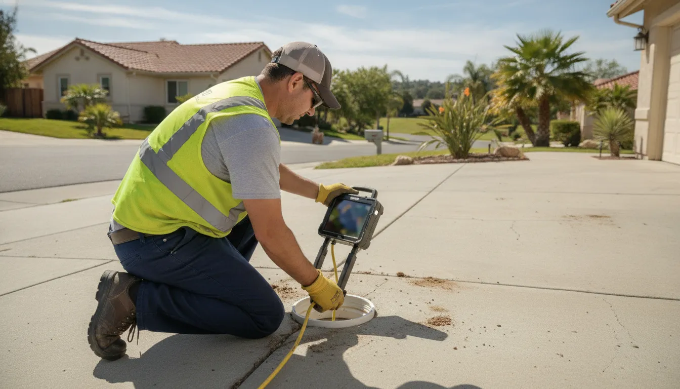 Thousand Oaks plumber inspecting an underground sewer line with camera equipment
