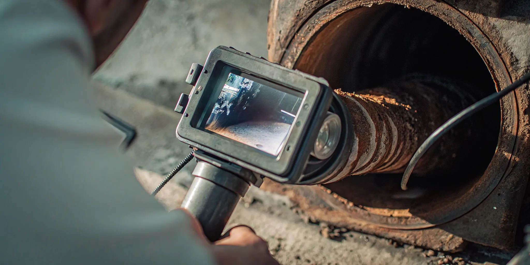 Plumber performing a camera inspection before pipe descaling