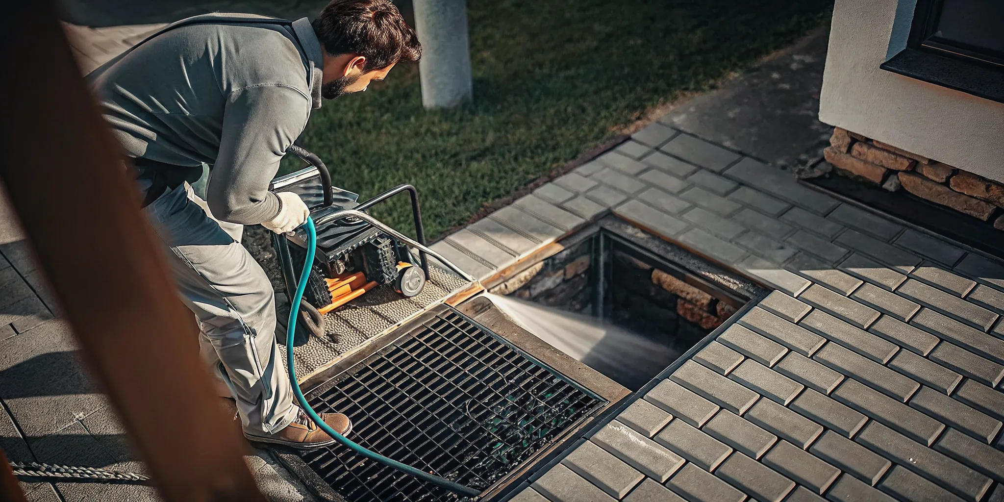 Plumber using a high pressure hydro jetting machine on a backyard cleanout