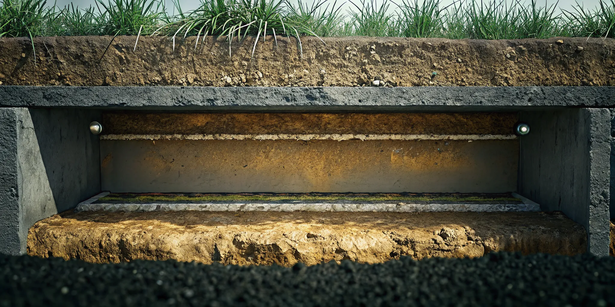 Cutaway view of a buried septic tank showing the sludge, effluent, and scum layers