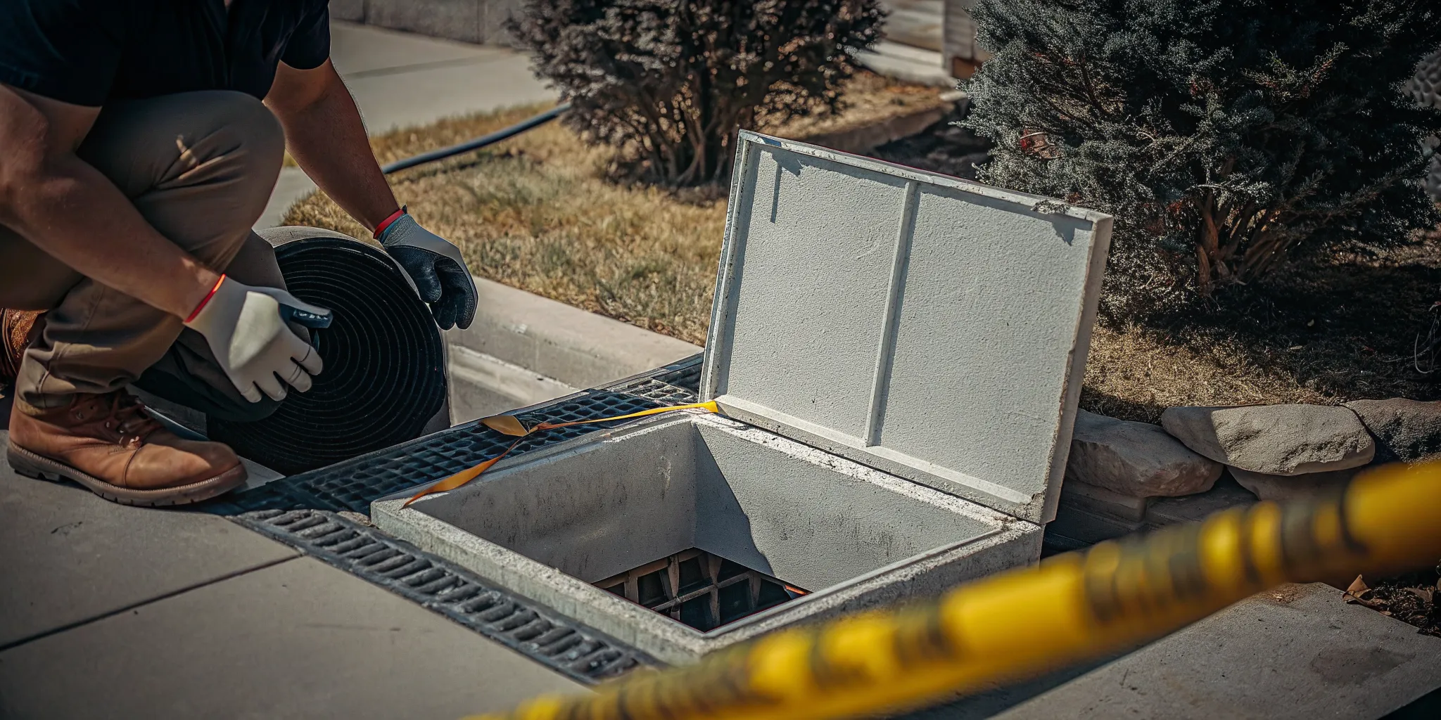 Septic technician inspecting the tank access lid in a Ventura County backyard during an emergency service call