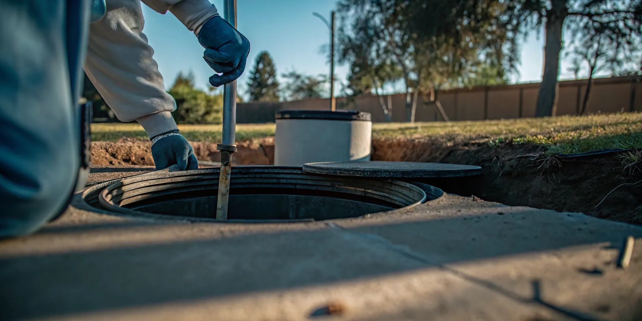 Septic technician inspecting the access riser of a septic tank in a Ventura County residential yard during routine maintenance