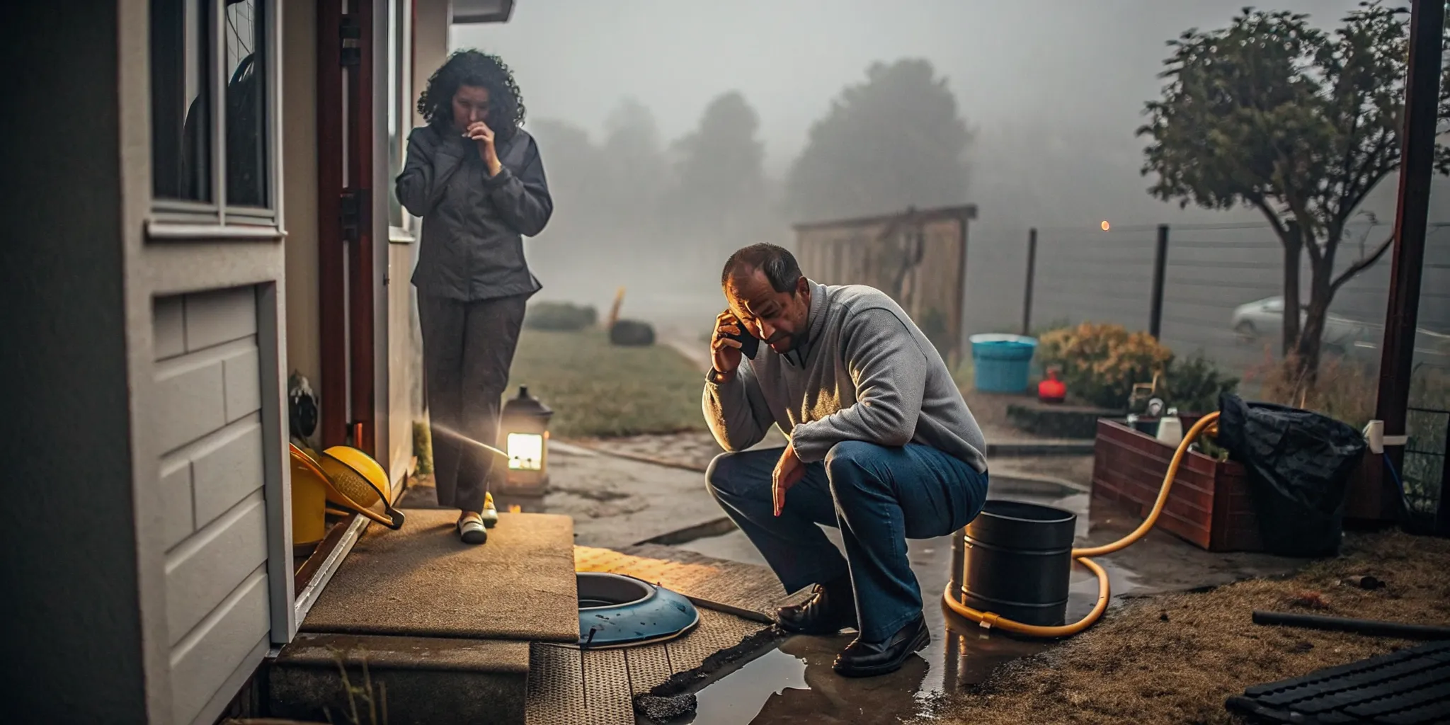 Septic service professional checking the tank while a homeowner coordinates an emergency pump in a residential yard