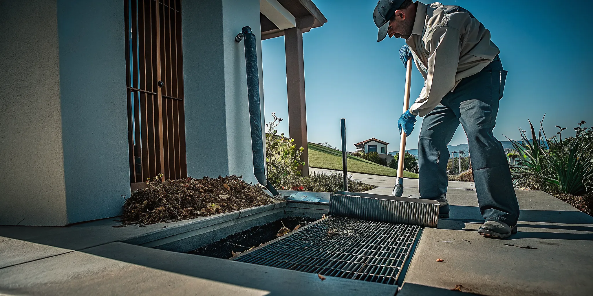 Professional clearing leaves and silt from an outdoor area drain