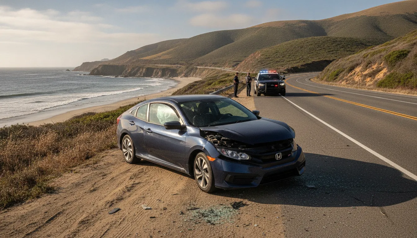 Damaged sedan stopped safely after a hit and run accident in California