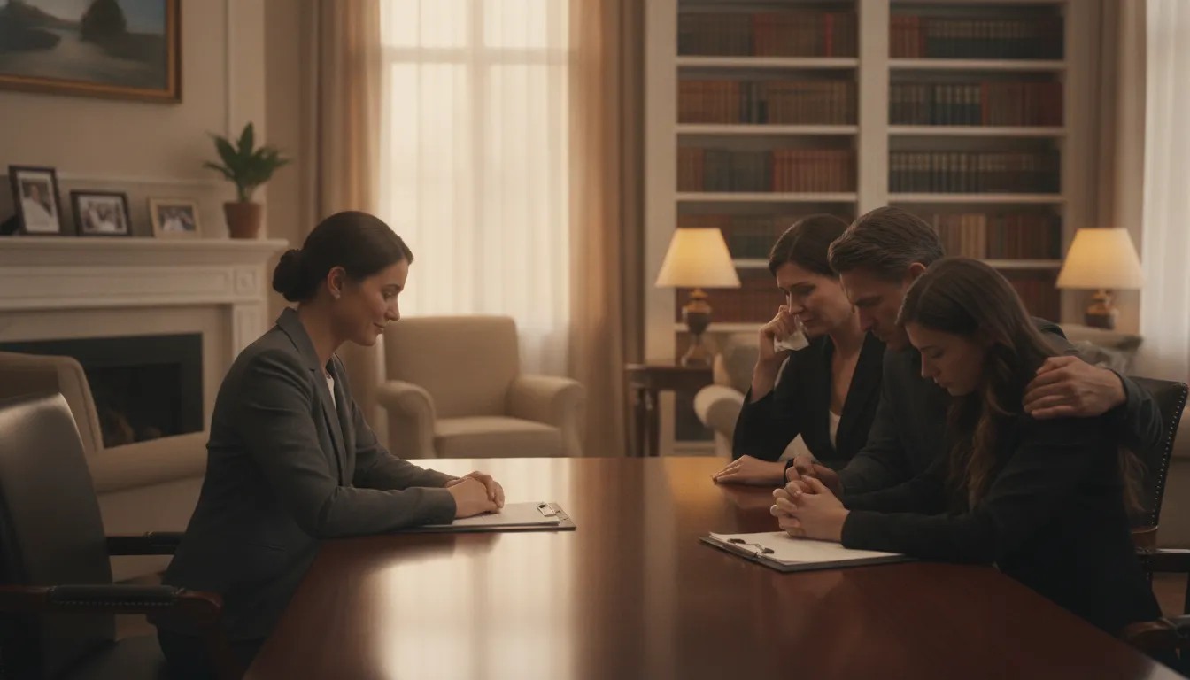 Compassionate attorney consulting with a family about a wrongful death case in a professional law office