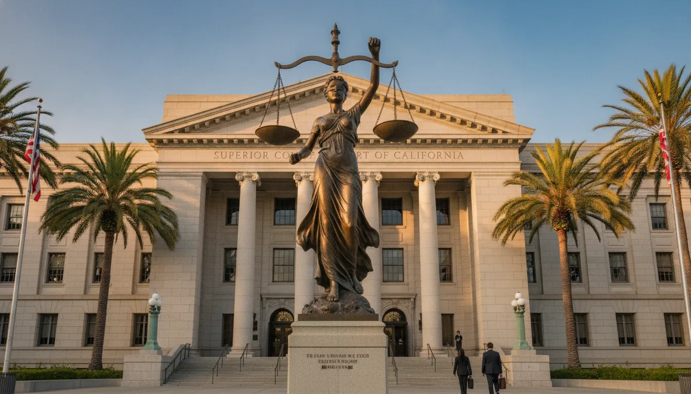 California courthouse exterior with columns and American flag under blue sky