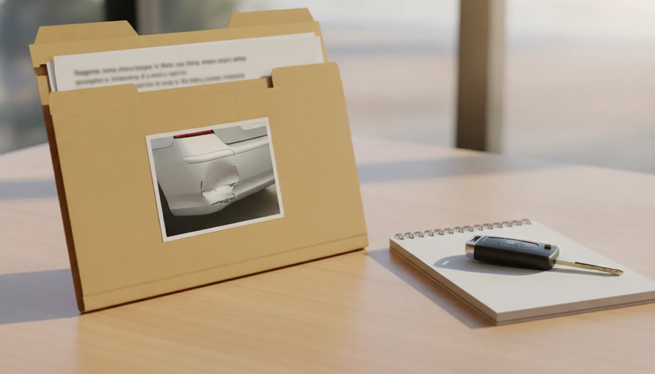 A folder of car accident claim documents on an office desk
